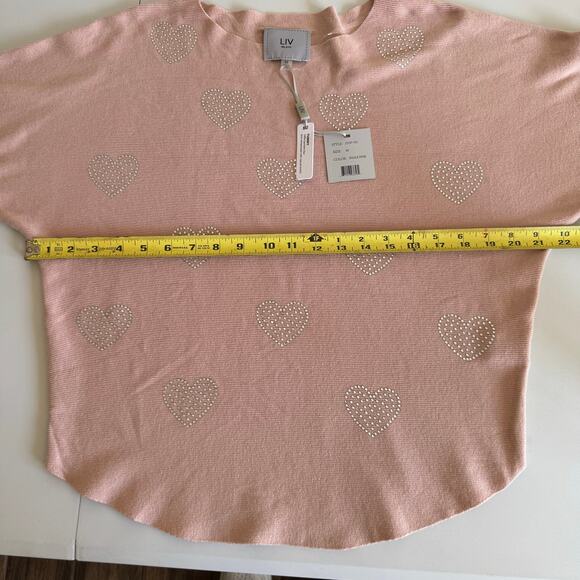 NWT Liv Milano Blush Shale Pink Rhinestone Heart Embellished Pullover Sweater M - Picture 7 of 9